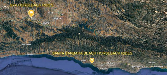 Map highlighting SYV Horseback Rides and Santa Barbara Beach Horseback Rides locations.