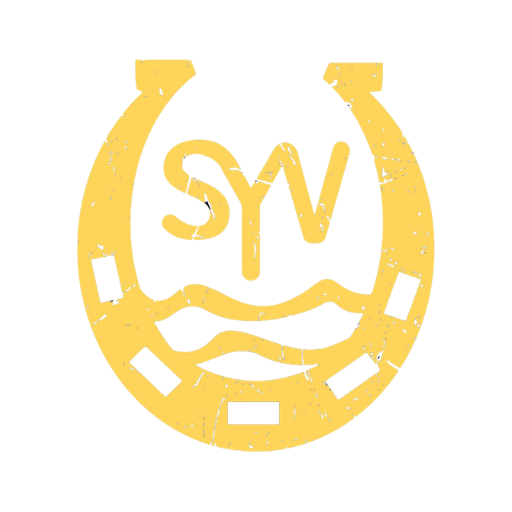 Yellow stylized horseshoe with 'SY' and wavy lines inside on black background.